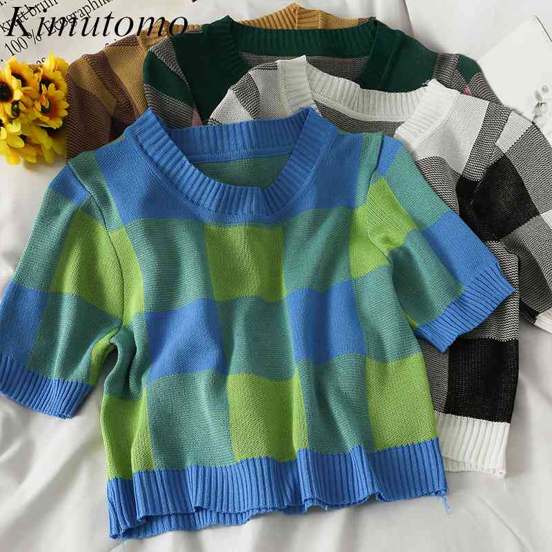 

Kimutomo Plaid Short T-shirt Female Round Neck Open Umbilical Knitted Top Women Summer Short Sleeves Casual Fashion 210521, Yellow