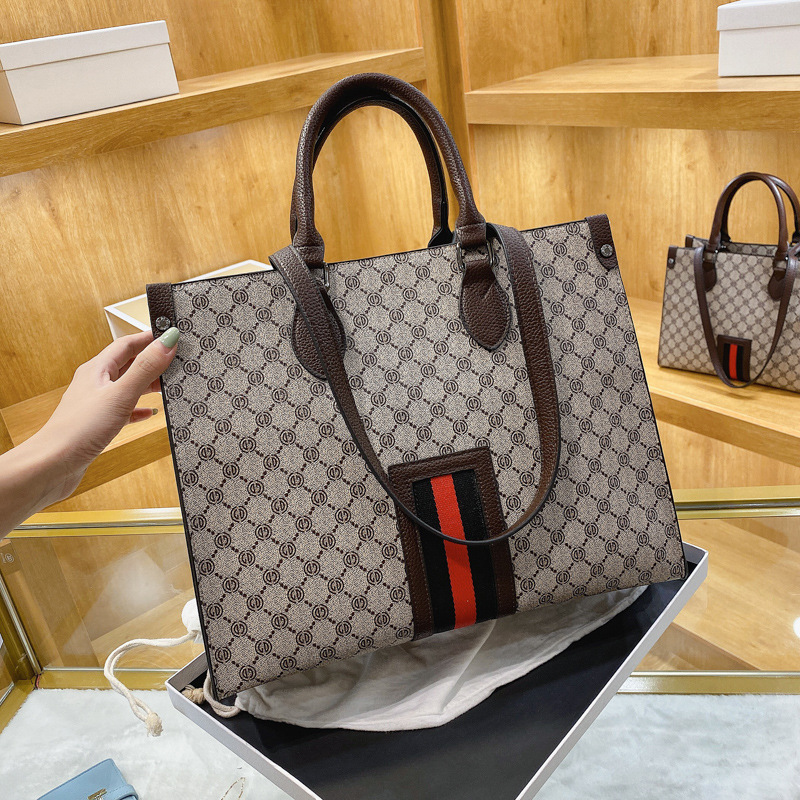 

Wholesale factory ladies leather shoulder bags street trend mass printing Tote bag simple atmospheric striped handbags fashion polka dot handbag, Khaki-small