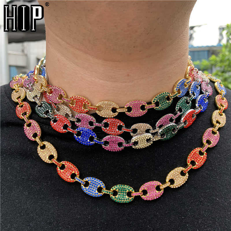 

HIP HOP 13MM Iced Out CZ Multi-Colors Coffee Bean Pig Nose Alloy Rhinestone Charm Link Chain Bling Necklaces Men Jewelry