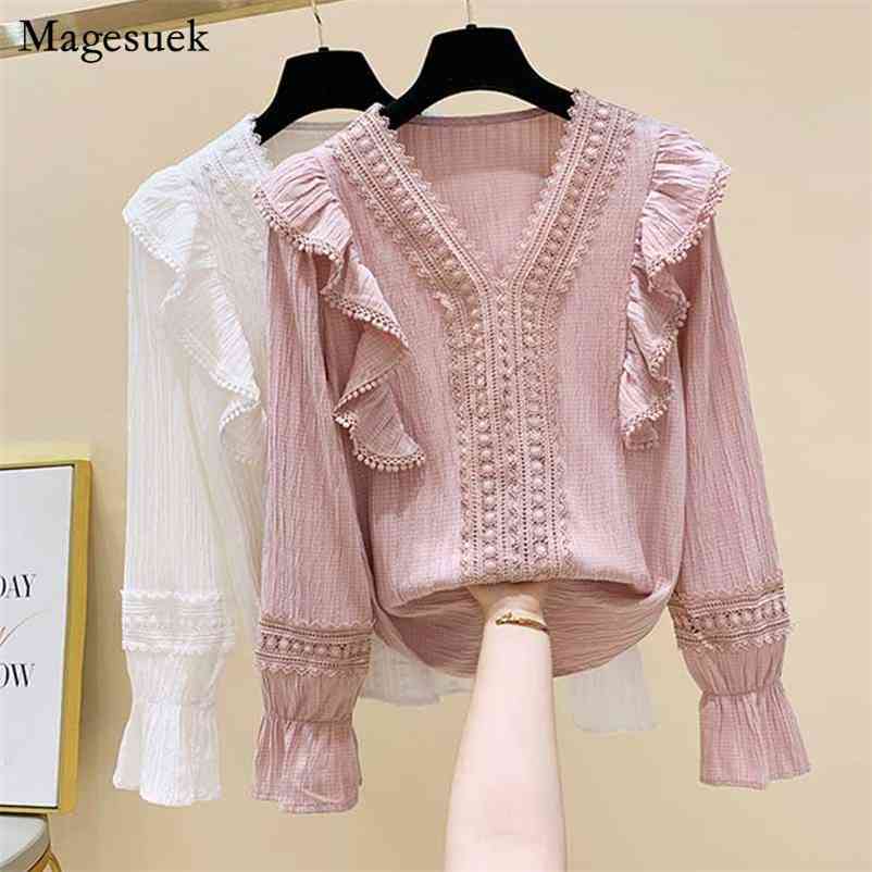 

V-neck Flare Sleeve Chiffon Blouse Autumn Elegant lace stitching Ruffles Female Vintage Women Shirt Blusa Mujer 11234 210518, White