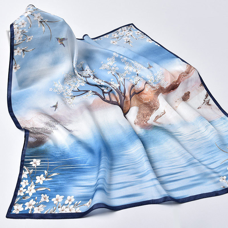

100% Real Hair Women Print Natural Pure Square Scarf Blue Headscarf Hangzhou Silk Headband Foulard Femme 65X65cm