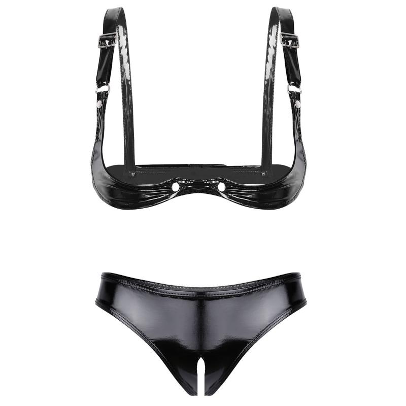 

Womens Wet Look Patent Leather Erotic Lingerie Set Strapless Push Up Open Cup Shelf Bra Top Crotch Mini Briefs Underwear Bras Sets, Black