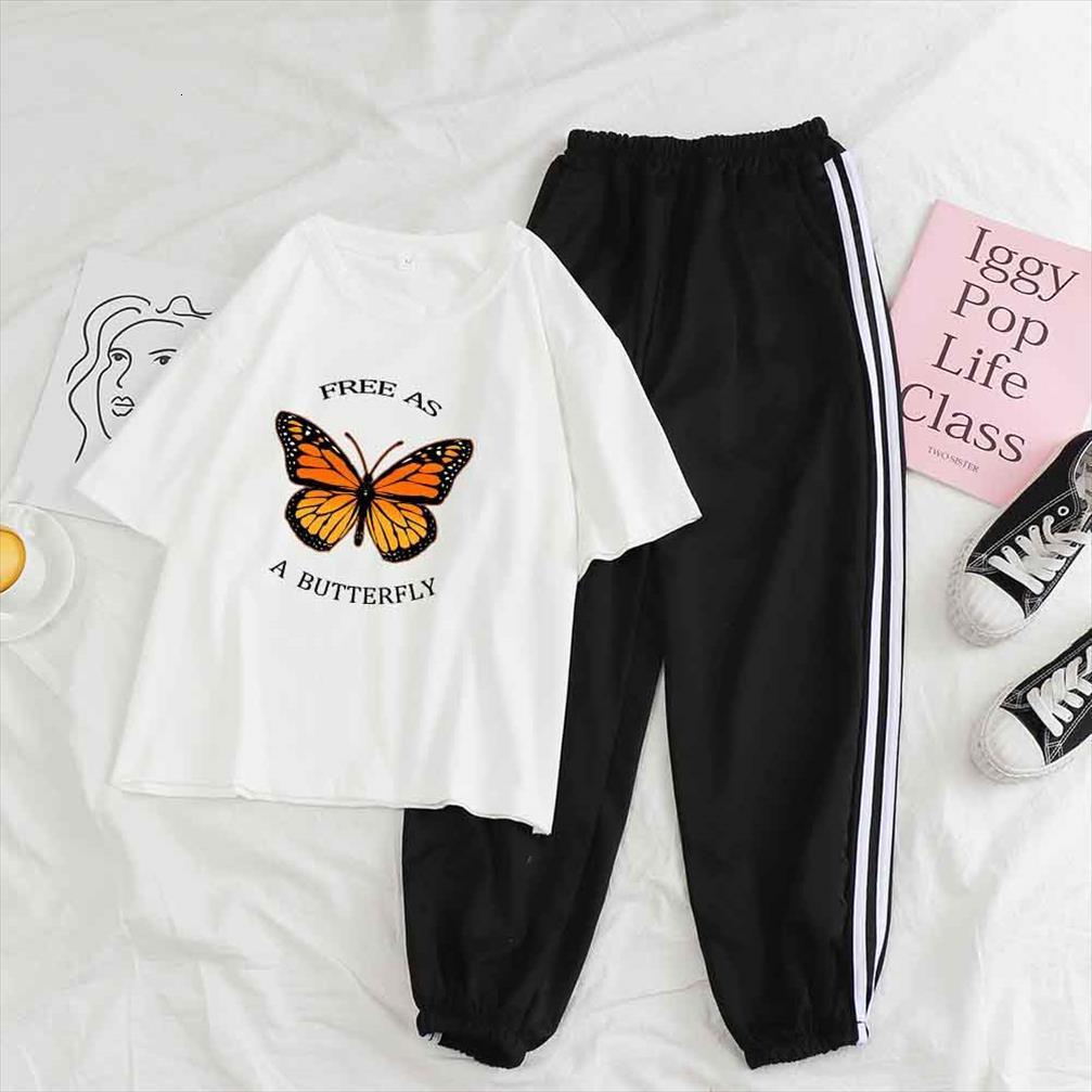 

suit two piece outfits womens pants summer butterfly letters short sleeve joggers trousers oversized t shirts, White
