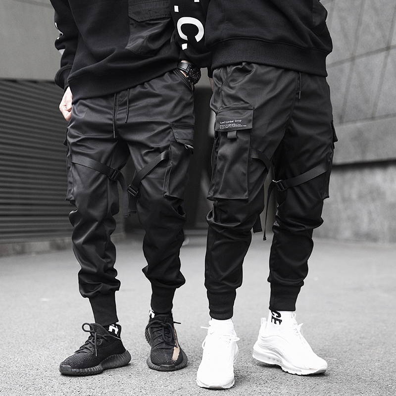 

Fashion Men Ribbons Block Black Pocket Cargo Pants Harem Joggers Harajuku Sweatpant Hip Hop Tatical Trousers