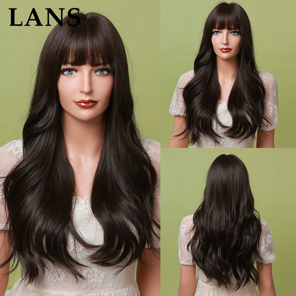 

LANS Long Wavy Layered Brown To Blonde Ombre Synthetic Hair Wigs with Bangs Heat Resistant Fiber for Women Afro Cosplay Natural Black Wig, 1pcs/lot