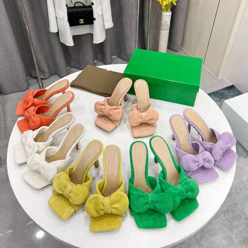 

Summer bowties designer slippers sexy stiletto heels suede leather solid color open toe fashion banquet shoes, Wear sticker