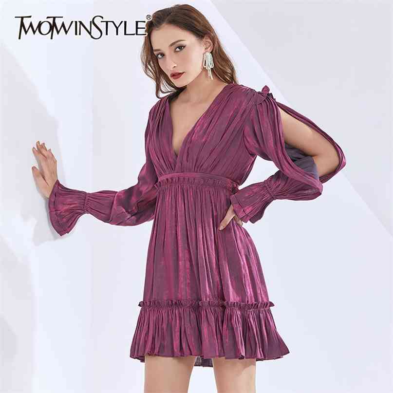 

Autumn Dress For Women V Neck Lantern Long Sleeve High Waist Patchwork Ruffles Mini Dresses Female Fashion 210520, Purple