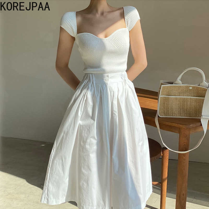 

Korejpaa Women Dress Sets Korea Chic Elegant Sexy Slim Knit Sweater and High Waist and Long Skirt Trouser White Skirt Suit 210526, Top
