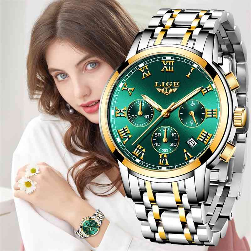

LIGE Fashion Women Watches Ladies Top Brand luxury Waterproof Quartz Clocks Watch Stainless Steel Date Gift Clock 210616, Gold blue l