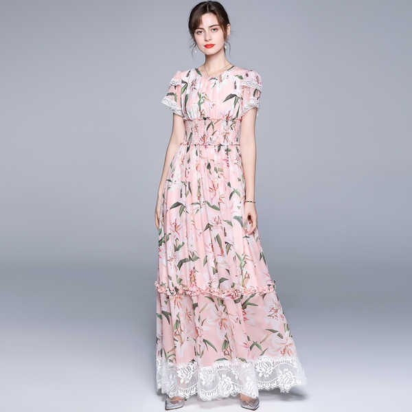 

Women Summer Dress Sweet Floral Print Lace Patchwork Chiffon Long Vintage Ladies Elegant High Waist Holiday Maxi 210526, Pink