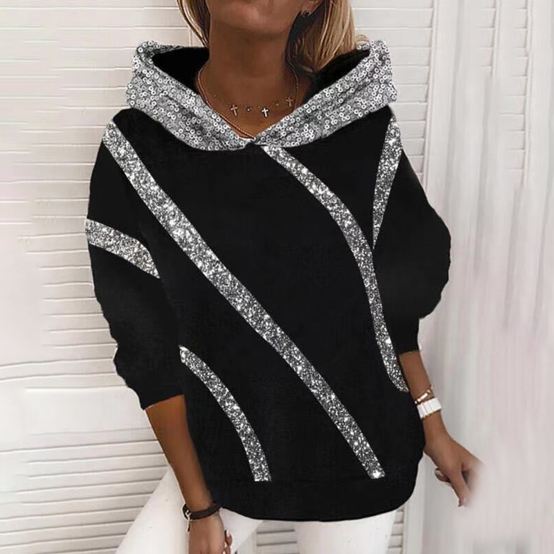 

Sping Autumn Striped Hooded Sweatshirts Women Casual Loose Long Sleeve Sequin Pullover Tops Elegant Fashion Harajuku 210603, Black