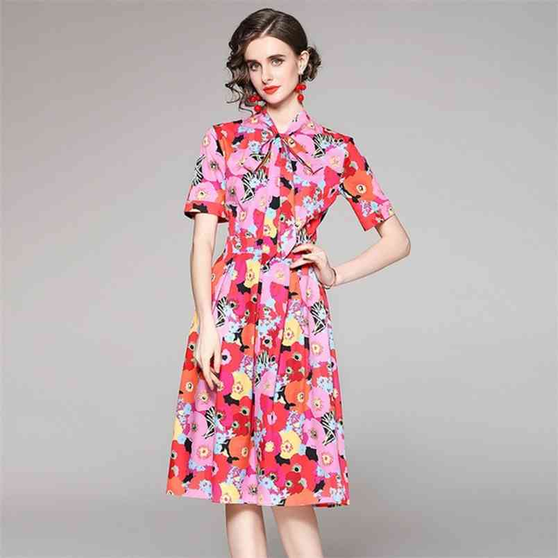 

Fashion Summer Boho Dress Women Sweet Bow Neck Floral Print Short Sleeve Ladies A-Line Chiffon Midi 210519, Photo color