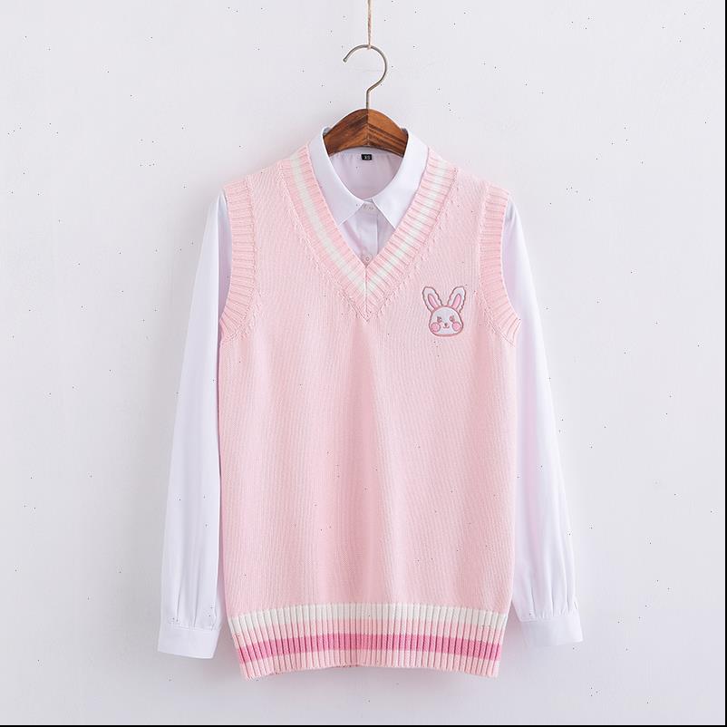 

pink small rabbit embroidery pattern women sweater vest high school japanese style knitting pullover, White;black