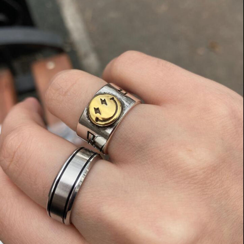 

Punk Vintage Smile Face Band Rings For Women Boho Female Charms Jewelry Men Antique Knuckle Ring Fashion Party Gift, Silver