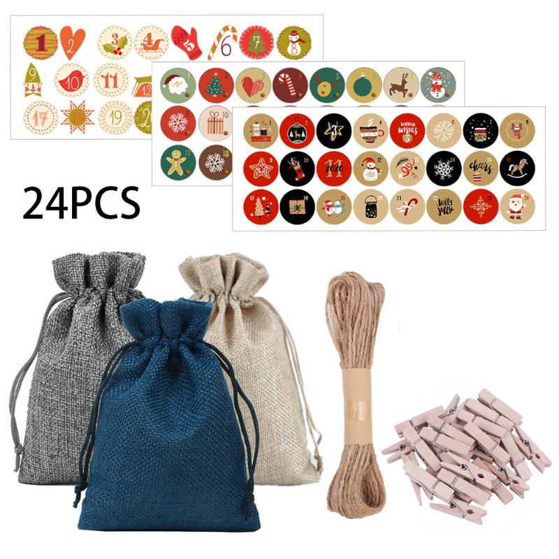 

Christmas Decorations 24pcs Set Advent Calendar Countdown Jute Candy Bag Drawstring Linen Bundle Pocket DIY Xmas Calendrier Gift