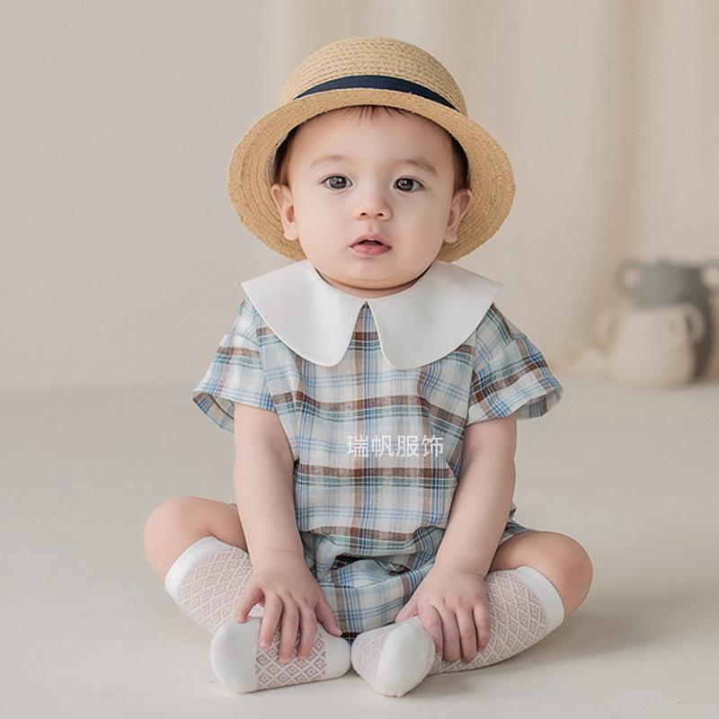 Children&#039;s suit Baby Boutique Clothing Infant Plaid Romper Newborn Cotton Peter Pan Collar Jumpsuit Spain Boy Birthday Baptism Bodysuits-image-673009680