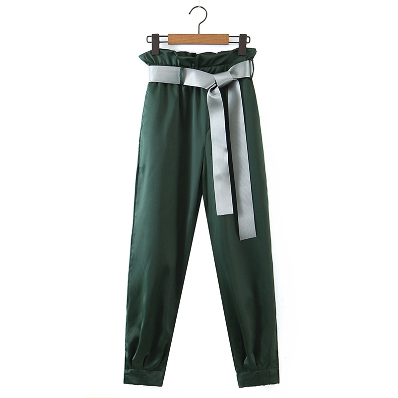 

Women silk Pants Fashion Army green striaght long pants with belt elastic waist two big pockets Spring Summer trousers 210524, Dark green