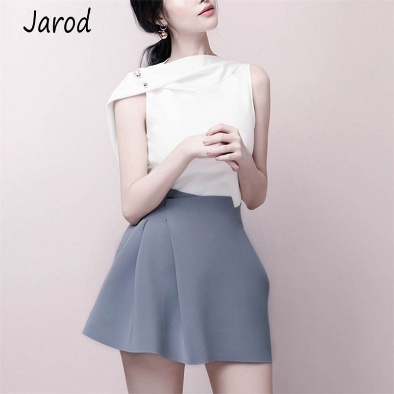 

Summer Women 2 Piece Set Chic white Beading sleeveless chiffon Shirt Tops + High Waist Mini Ball Gown Skirt Suits 210519, Picture color