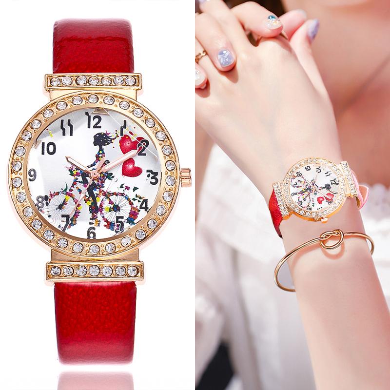 

Wristwatches 2021 Latest Girl Leather Quartz Watch Ladies Cartoon Pattern Personality Women Exquisite Rhinestone Round Couple, Khorasan017-red