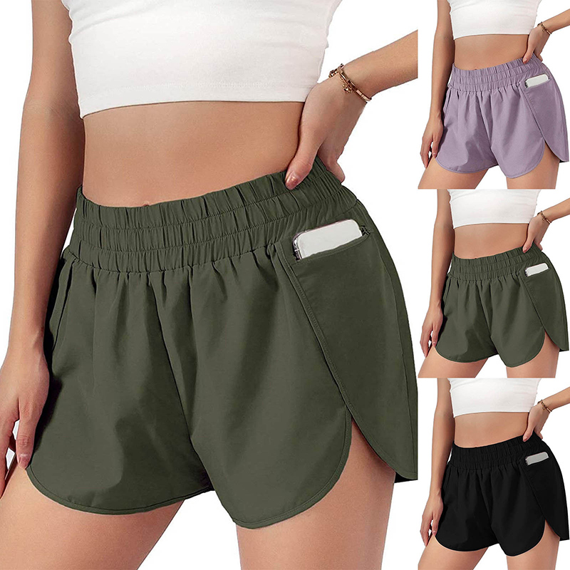 

Womens Workout Shorts Zip Side Pocket Quick-Dry Athletic Exercise Sports Elastic Waist Running Shorts with Liner, Black