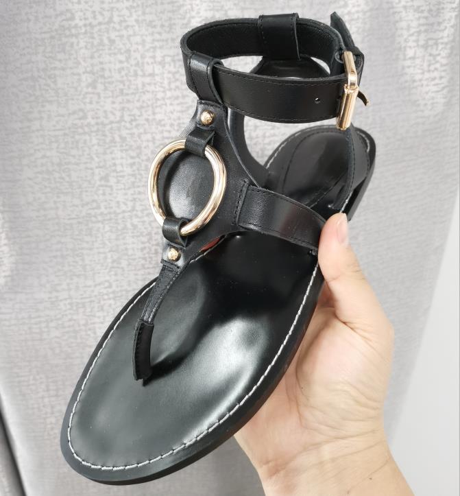 

Women Leather Chunky Heel Sandal Gold-tone Metal Ring Designer Lady Outdoor Rubber Sole Canvas Strap Letter Flat Slide, Black