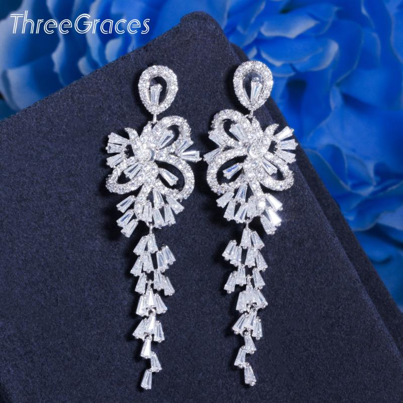 

Dangle & Chandelier ThreeGraces Luxury Cubic Zirconia Long Drop Bridal Wedding Earrings For Women Fashion Silver Color Costume Jewelry ER618