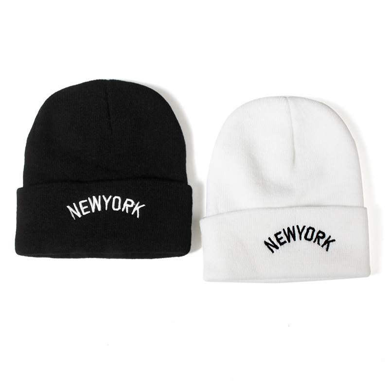 

European American Autumn Winter Embroidery Letters York Woolen Cap Fashion Men and Women Outdoor Cold-Proof Knitted Pullover Hat, Black