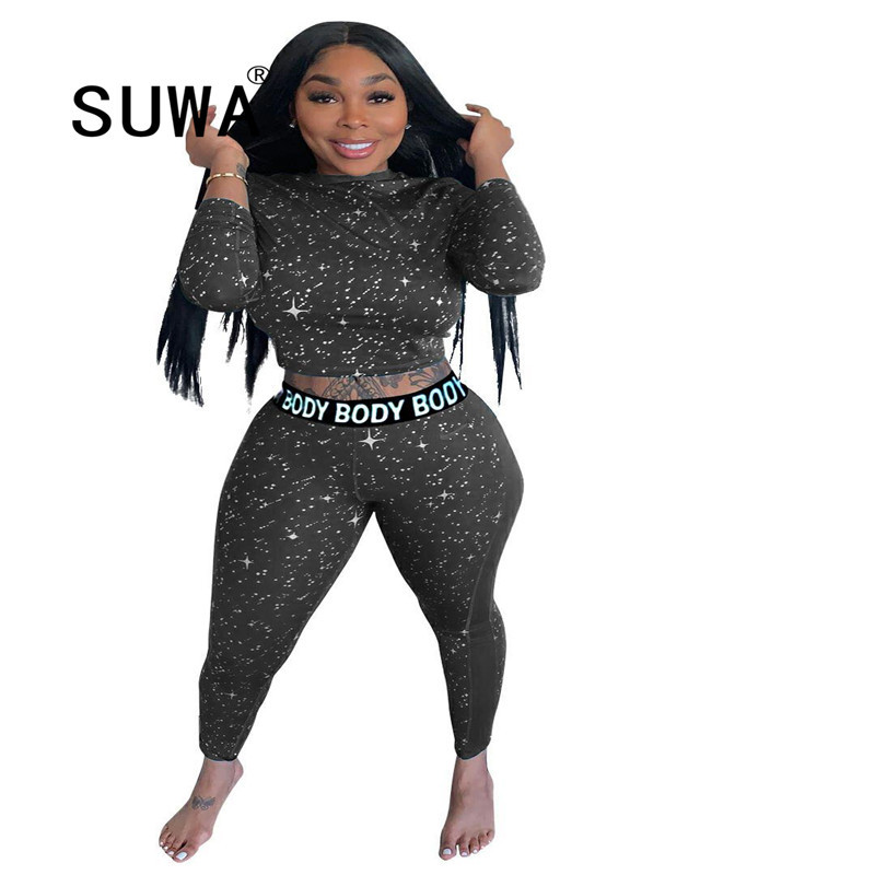 

Starry Sky Fashion Tracksuit Women Turtleneck Long Sleeve Crop Top+Leggings Matching 2pc Sets Sporty Fitness Casual Outfits 210525, Green