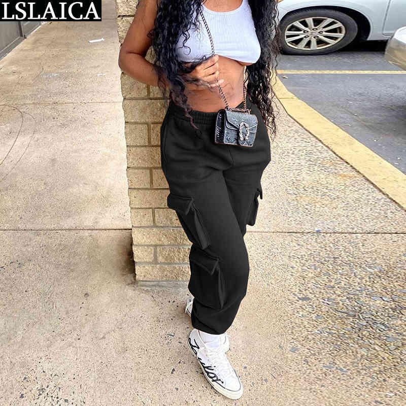 

Cargo Pants Women Fashion Mid Waist Solid Woman Casual Female Pocket Sweatpants Autumn Long Trousers Sportswear 210520, Black