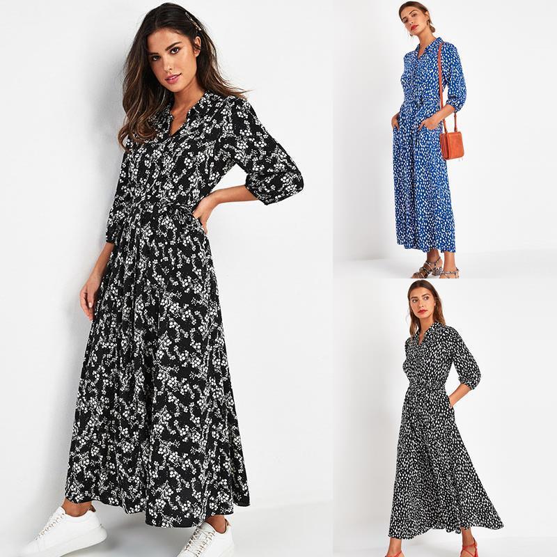 

women autumn dresses vintage floral print maxi dress boho seven sleeve long turn down collar casual chiffon, Black;gray