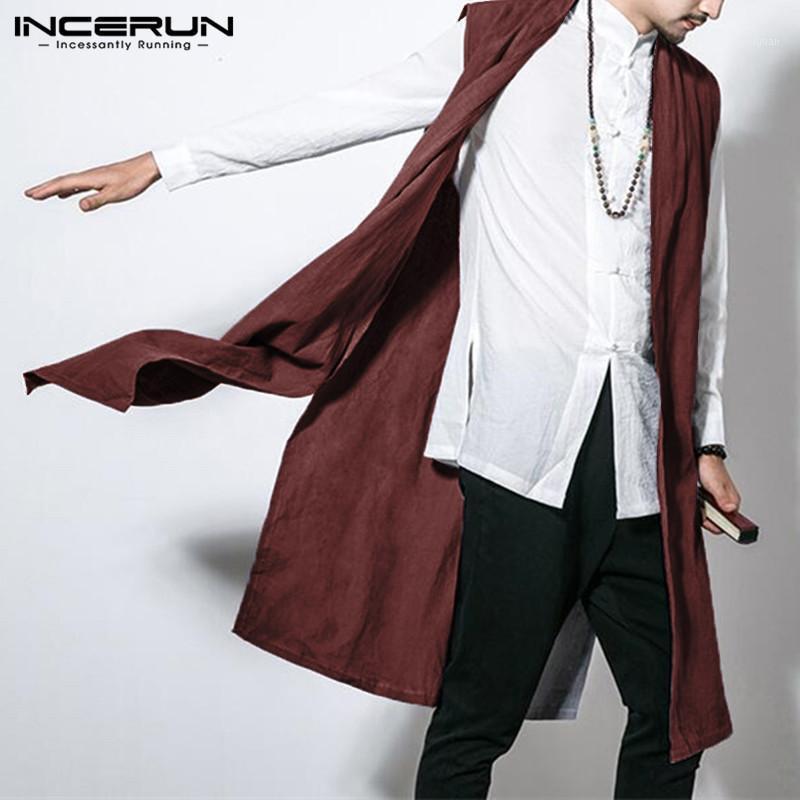 Men's Vests Fashion Cotton Men Cardigan Sleeveless Vest Retro Trench Long Jacket Overcoat Coat 5XL Hombre Outwear INCERUN Tops