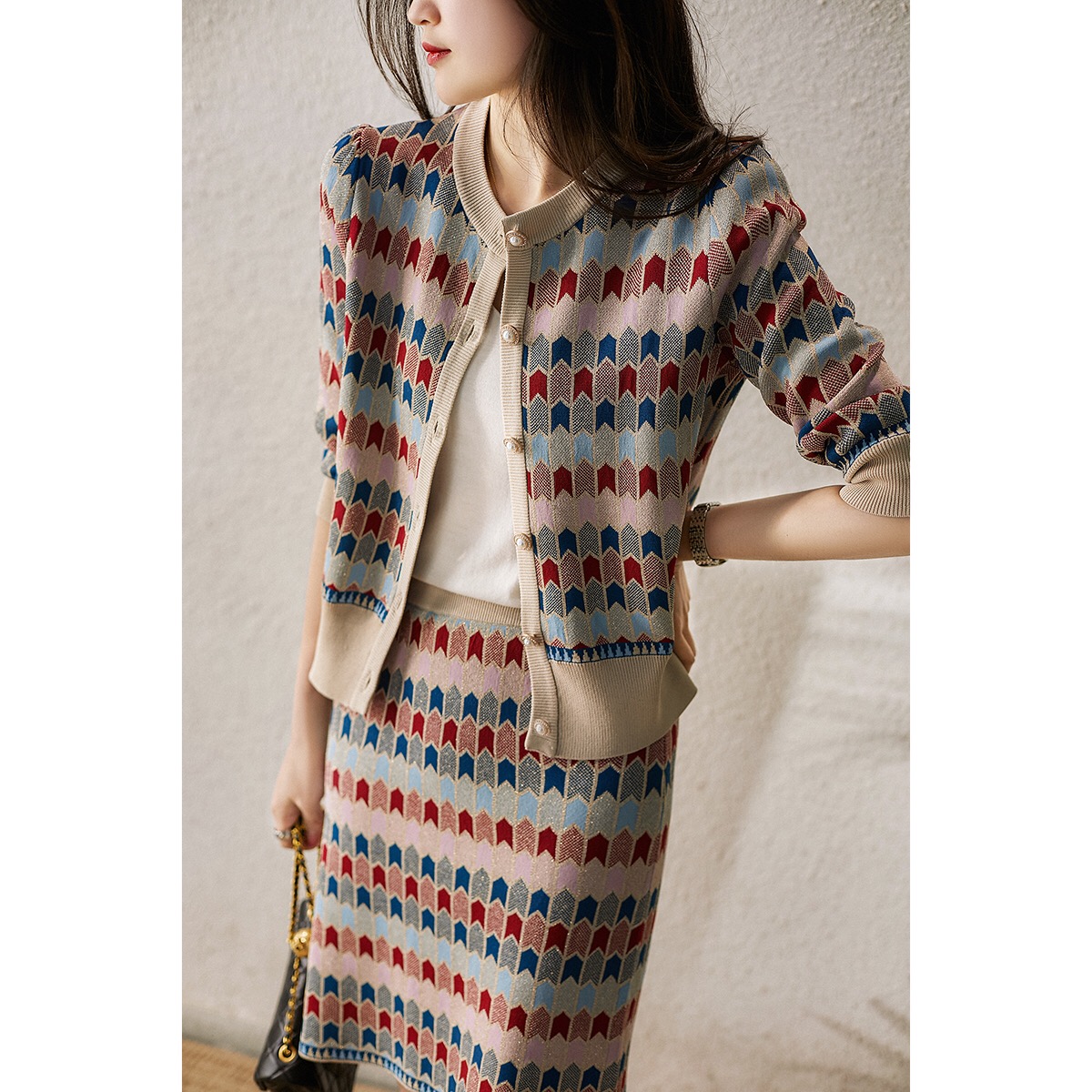 

2021Net Colorful Two Piece Dress Xiaohan Pavilion: Star Series blogger's Jacquard cardigan, White