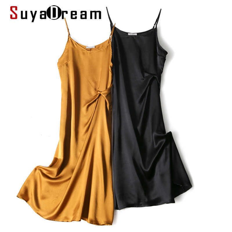 

SuyaDream Woman Long Dress 100%Silk Satin Solid Spaghetti Strap Black Dresses Spring Summer Maxi Dresses 210603