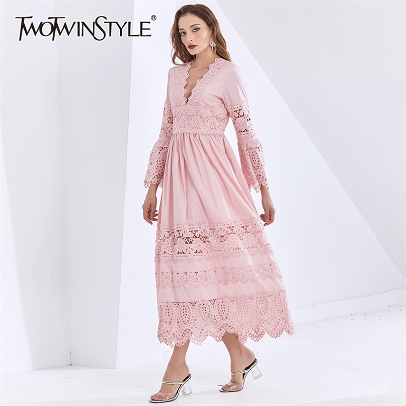 

Autumn Dress For Women V Neck Lantern Long Sleeve High Waist Hollow Out Pink Dresses Female Fashion Clothing 210520