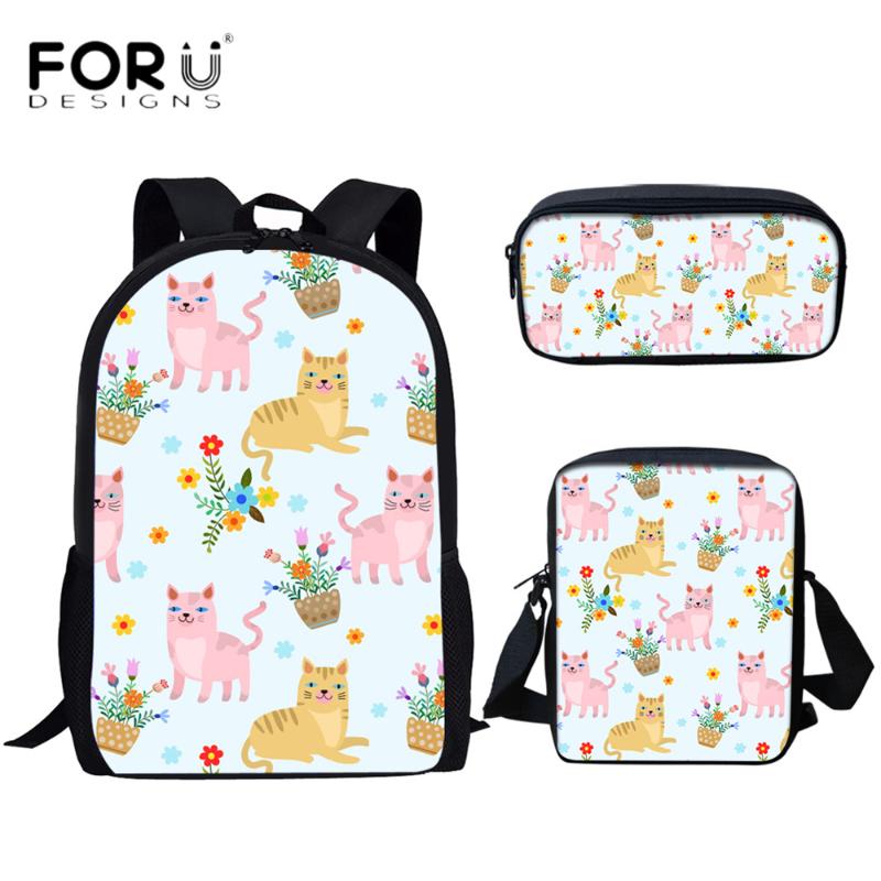 

School Bags FORUDESIGNS Cute Cartoon Cat Print Backpack For Teenage Girls Boy Children Student Kids Shoulder Book Bag
