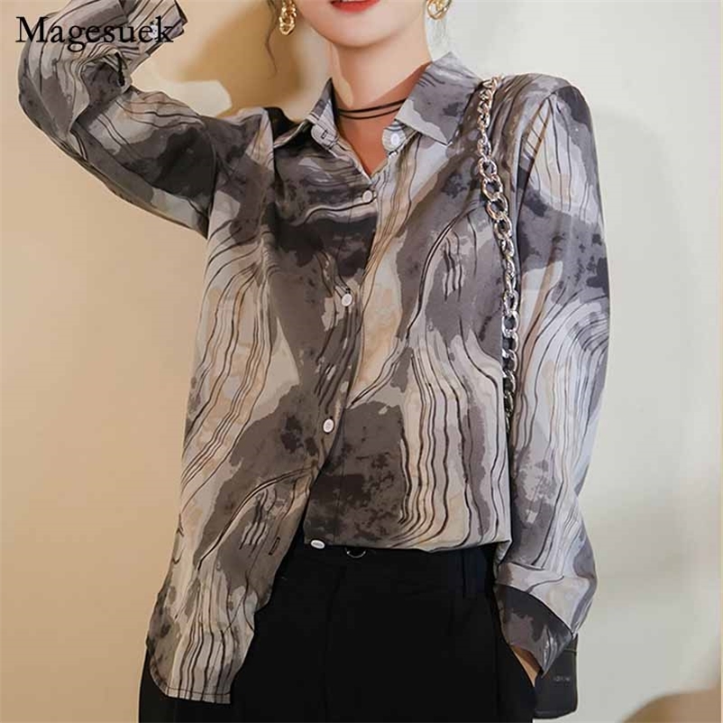 

Black Vintage Women Casual Korean Printed Single Breasted Women' Clothing Long Sleeve Chiffon Blouse Blusas Mujer 11237 210518, Picture