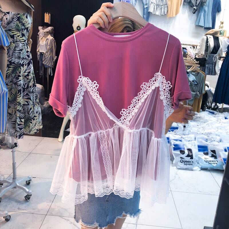 

Summer Loose Fashionable Lace Sling Short Sleeve O Neck T-Shirt Two-piece Casual All Match Tops 210615, Pink