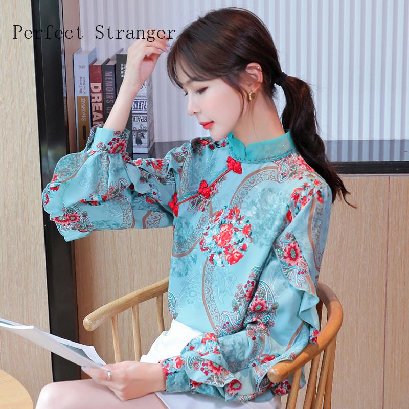 

Autumn Arrival Stand Collar Long Sleeve Printed Women Chiffon Blouse High Quality Women's Blouses & Shirts, White