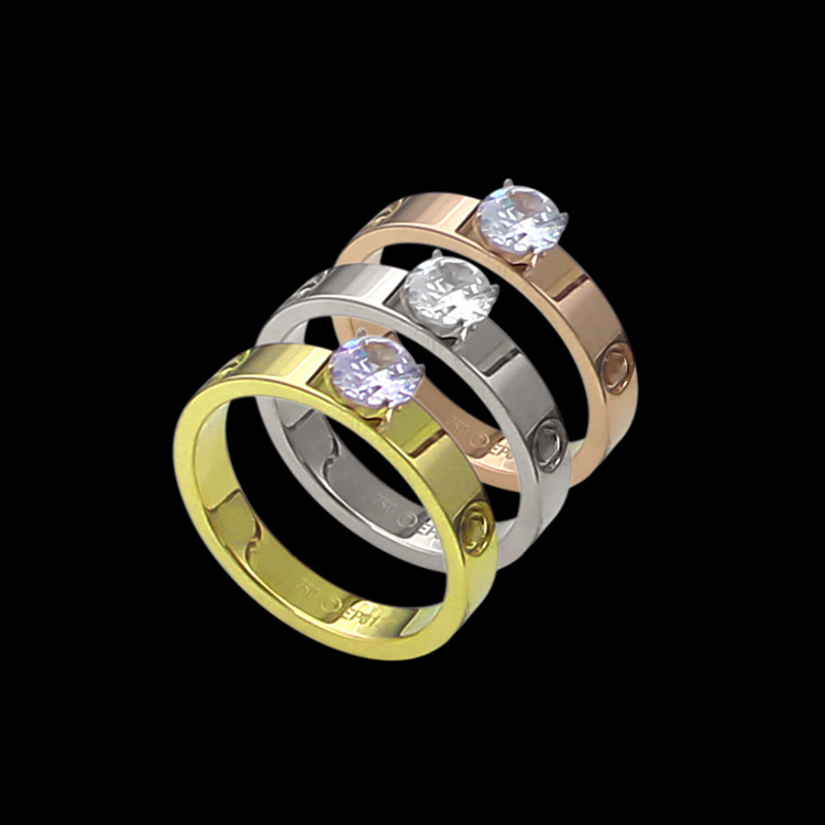 

3 Colors Top Quality Luxurious Styles Women Designer Ring Titanium Steel Four-claw Single Cubic Zirconic Stone Love Couple Rings Fashion Jewelry