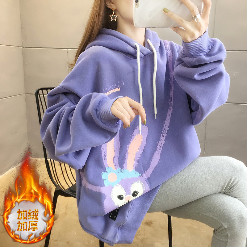 

2021 winter new student cartoon printing plush thickened warm medium and long fashion hooded sweater women's, Blue;black