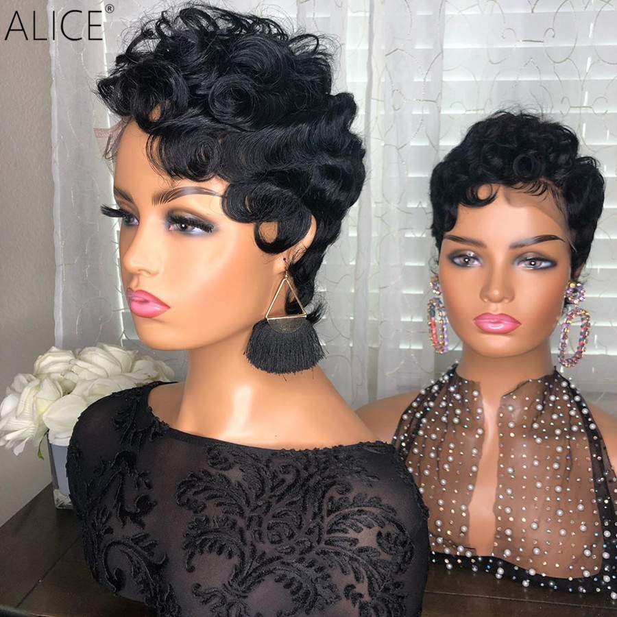 

Black easy curly Human Hair Wigs with Bangs Full Machine Made short curl pixie cut wig For Women, Natural color