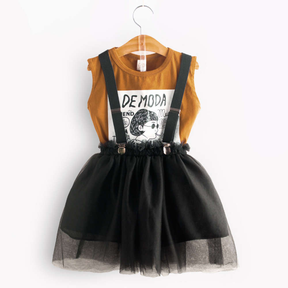 

Boys and girls suits Korean version leisure cartoon letter head portrait vest T-shirt mesh strap skirt two piece children's suit, White