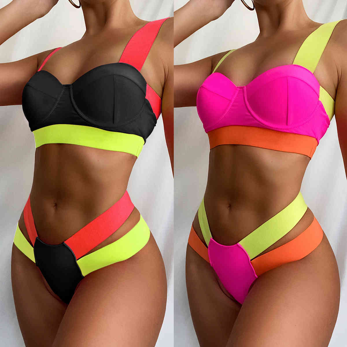 Women&#039;s Swimwear Women Sexy Contrast Color Bikinis Set 2021 Summer Beach Two-Piece Wired Pudh Up Swimsuits Swimming Bathing Suits-image-692990848