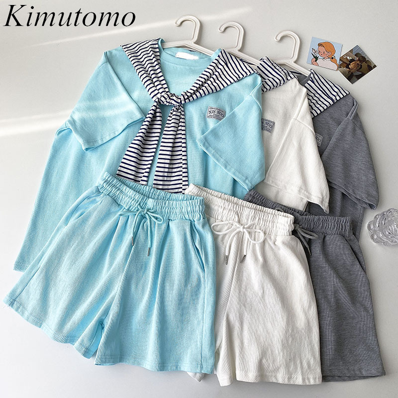 

Kimutomo Casual Suits Summer Korean Fashion Striped Shawl Short Sleeve O-neck Loose T-shirt + Elastic High Waist Shorts 210521, Blue