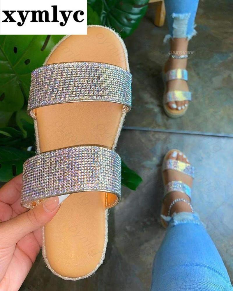 

Woman Crystal Slippers Women's Bling Outdoor Slides Ladies Fashion Flat Platform Female Non Slip Women Shoes Plus Size, Black