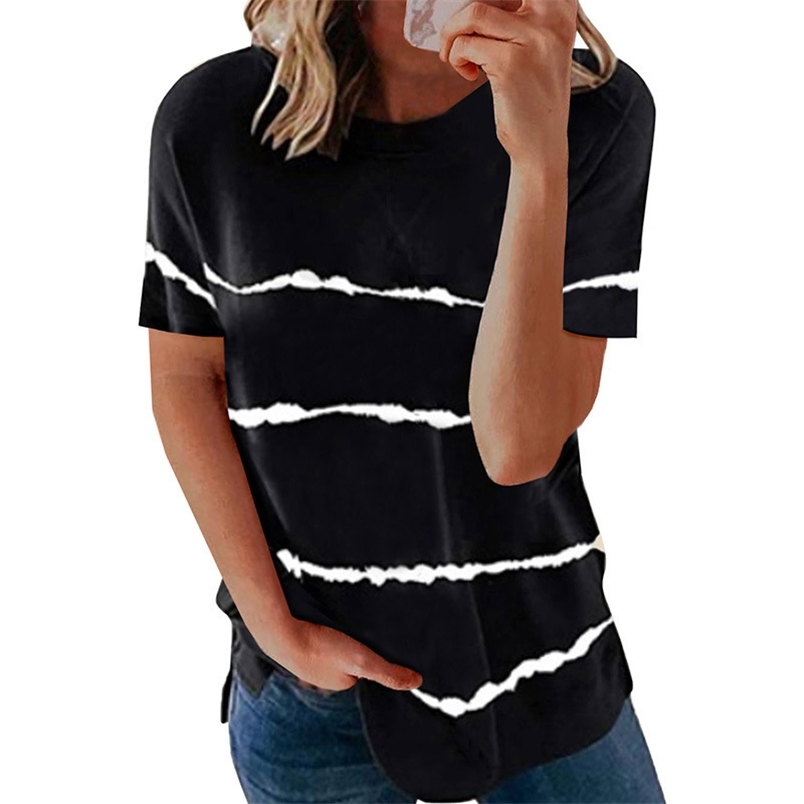 

Spring Summer O-neck Short Sleeve Shirt Women Oversize Striped Cotton Y2k Casual Loose Black Tshirt S- Camisetas De Mujer 210604, Army green