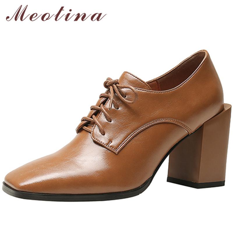 

Meotina Genuine Leather Extreme High Heels Women Shoes Lace Up Square Toe Pumps Block Heel Ladies Footwear 2021 Spring Brown 40 Dress, Black