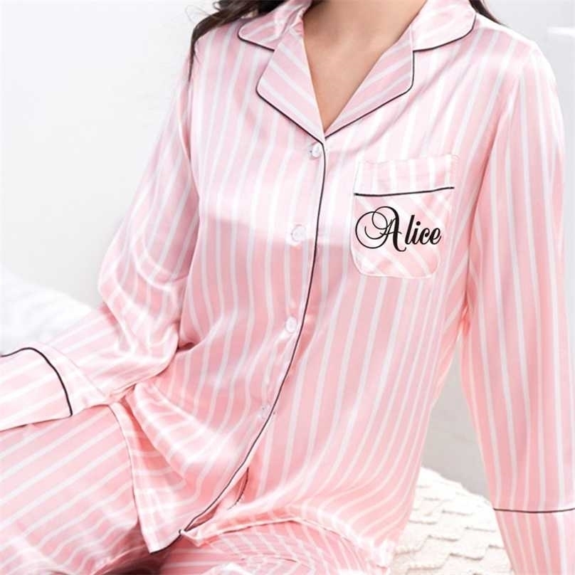 

2 Piece Personalized Name Women Sleepwear Faux Silk Satin Pajamas Set Long Sleeve Suit Female Homewear 211109, Pajamas personalized