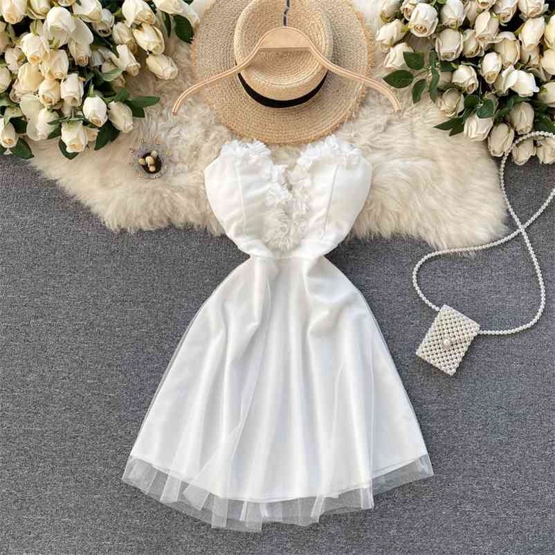 

Women Edible Tree Fungus Edge Strapless Mesh Dress Solid Color Sleeveless V-neck Fashion Spring Summer 11B314 210525, White