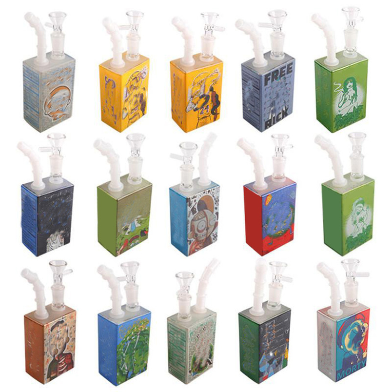 

Protable Hookah Glass Juice Box Water Pipe Dab Rigs Beaker Bongs 7 Inch Oil Burner Pipes with Cartoon Sticker